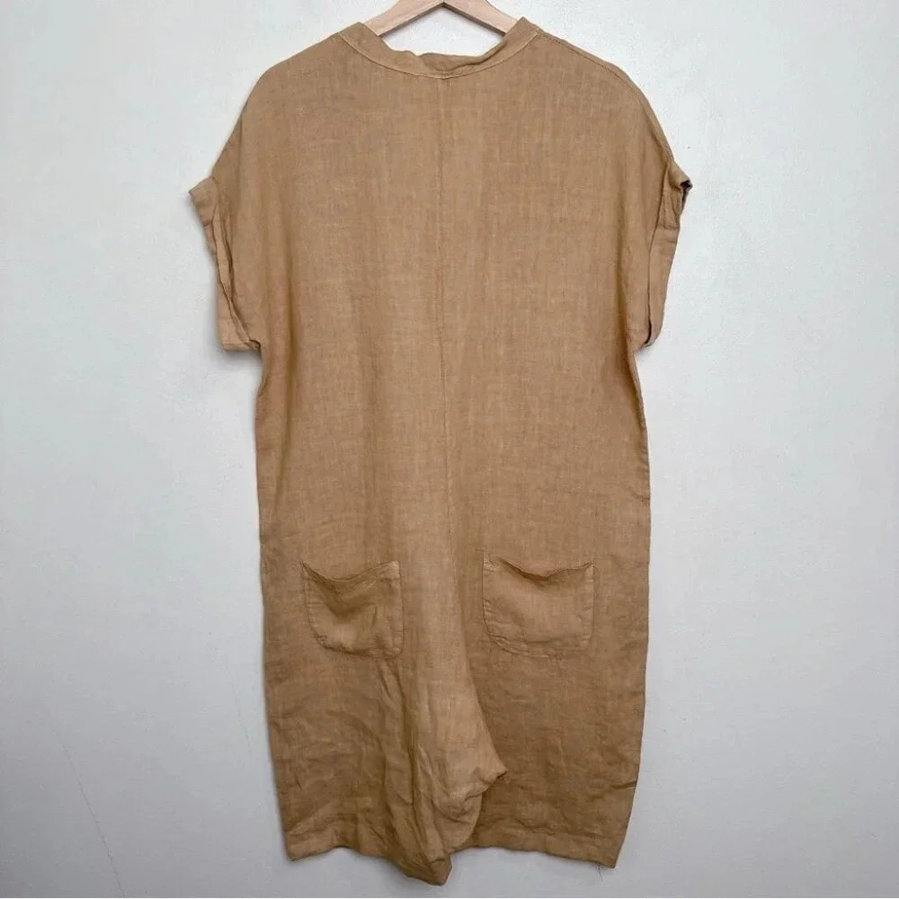 Made  In Italy Womens Medium Linen Vneck Button Tan Romper - Picture 13 of 13